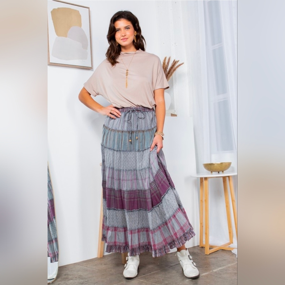 NEW!!! Young Threads Boho Tiered Maxi Skirt in Cotton Candy, Sz Large, NWT